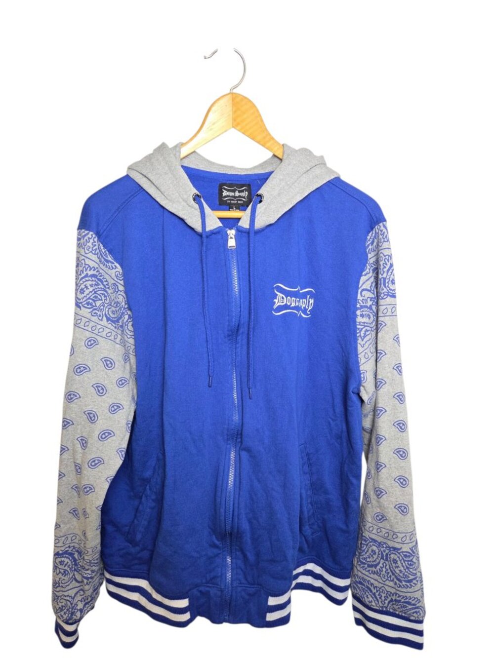 Dogg Supply Men's Large Blue Gray Paisley Sleeve Full Zip Hoodie Jacket Casual